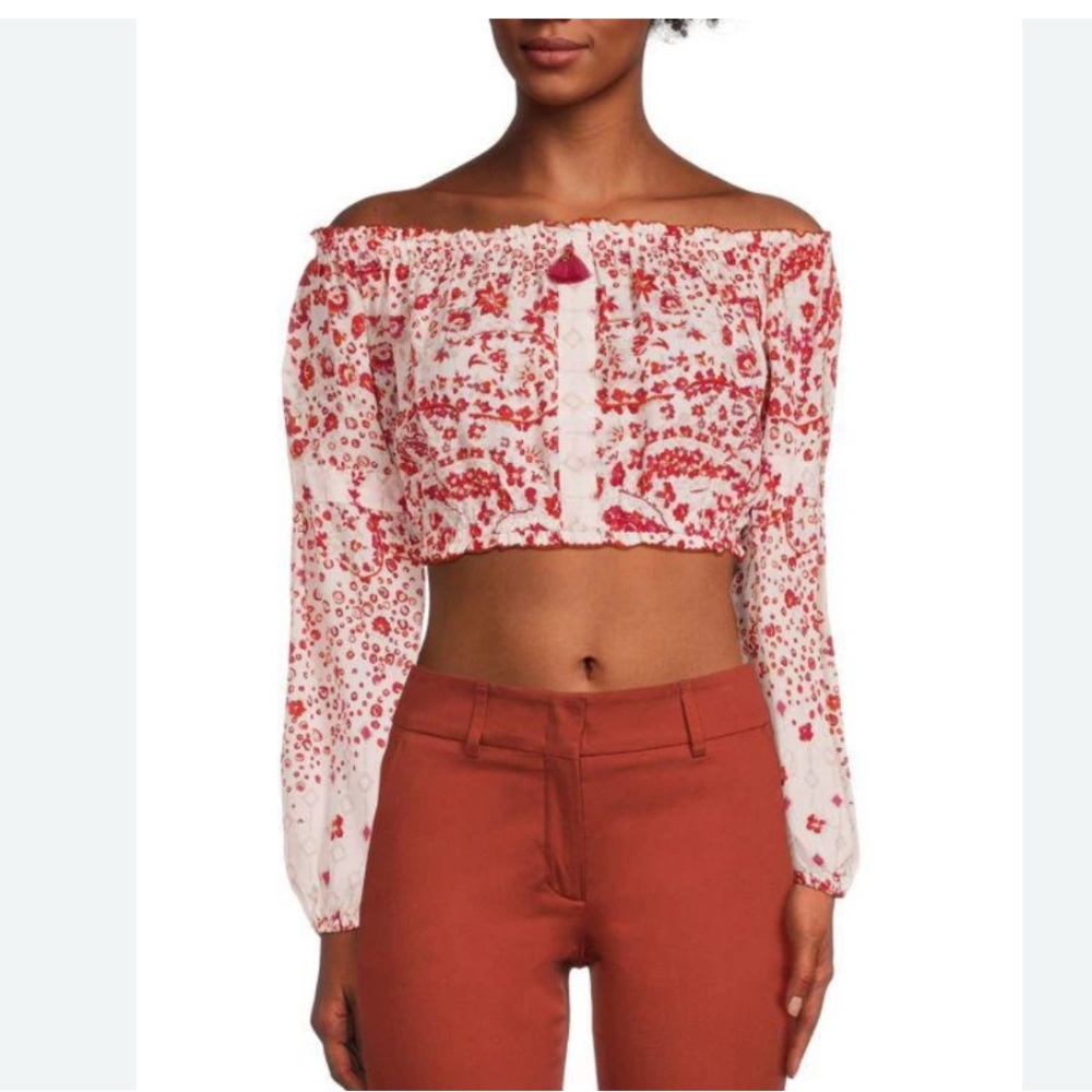 Poupette St Barth Floral Off-Shoulder Crop Top